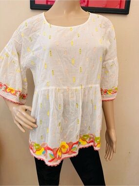 White Embroidered Peasant Top with Multicolor Trim